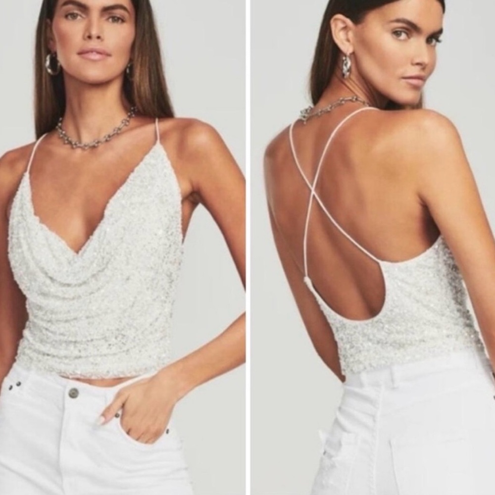 Retrofete White Silver Sequin Tank Top Michal (bridal, bachelorette, honeymoon)